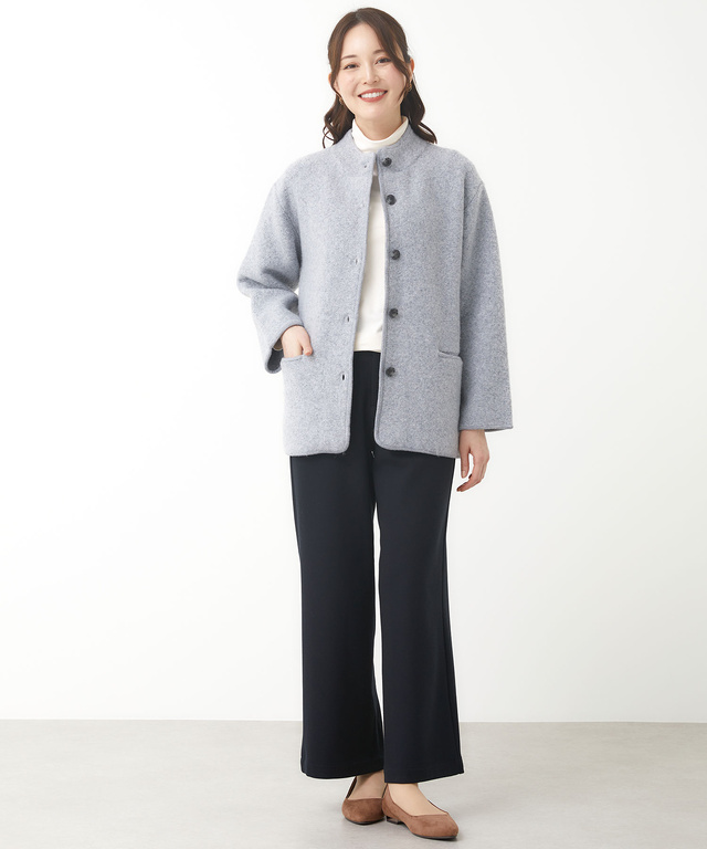 ウールブレンド スタンドカラー ニットコート