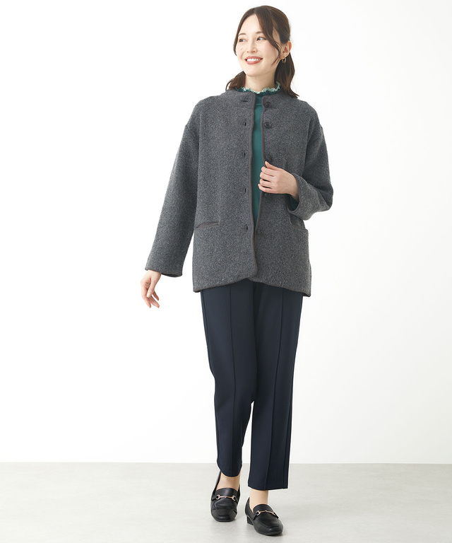 ウールブレンド スタンドカラー ニットコート