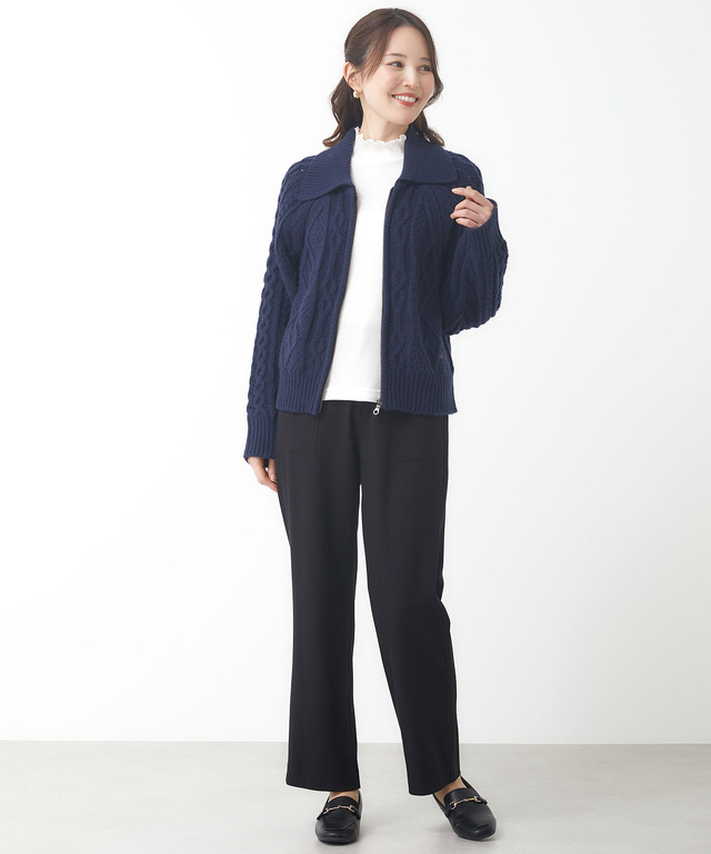 ウールブレンド ケーブル ジップカーディガン