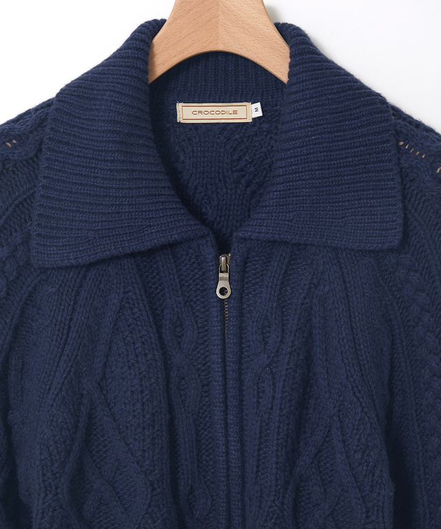 ウールブレンド ケーブル ジップカーディガン