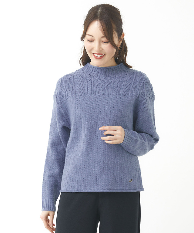 ウールブレンド ボトルネック ケーブルニット【手洗いOK】