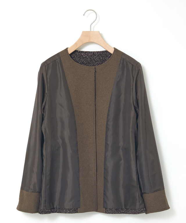 ヘリンボーン柄プリント ノーカラー ジャケット