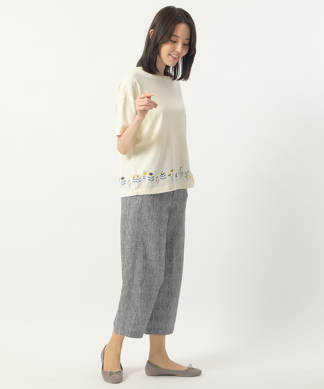 コットンリネン先染めワイドパンツ