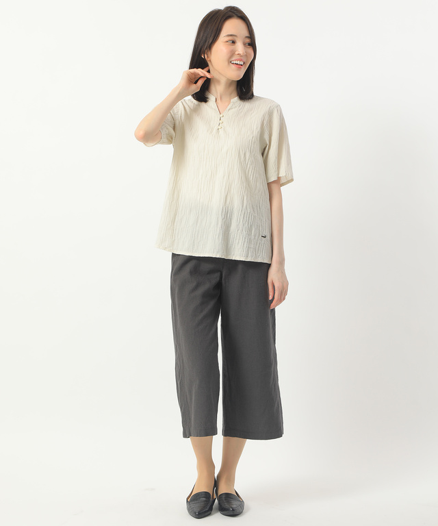 コットンリネン先染めワイドパンツ
