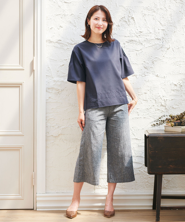 リネンセミワイド クロップドパンツ