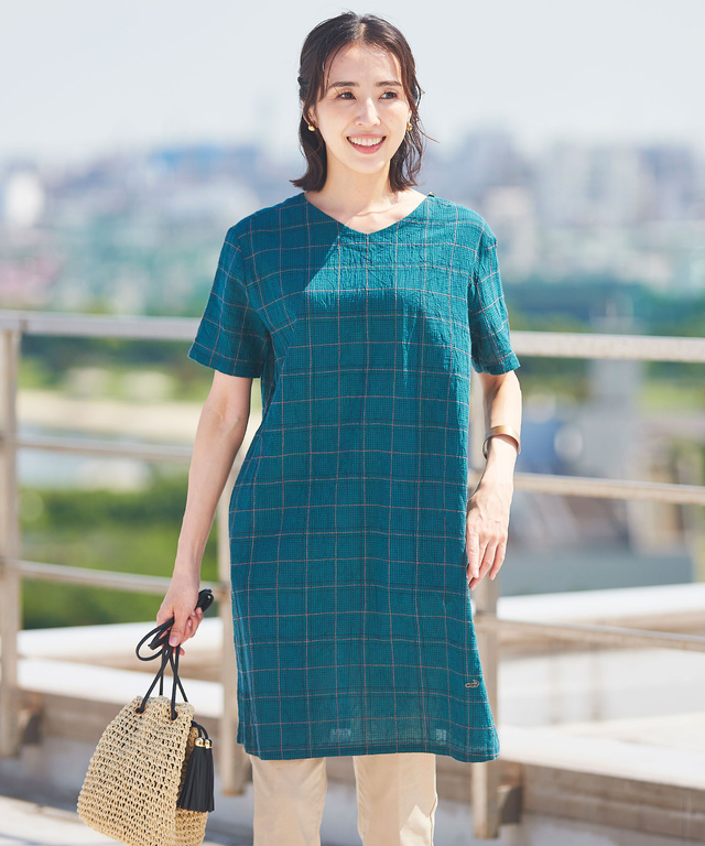 Vネック チェック チュニック【UV加工】【日本製生地】