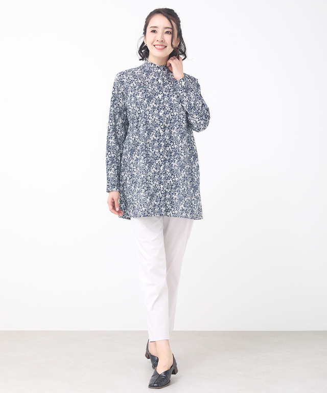 フリルネック 小花柄 チュニック【オンラインショップ限定】