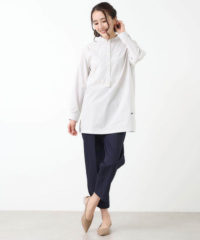 ストライプ切り替え バンドカラー チュニック【オンラインショップ・一部店舗限定】