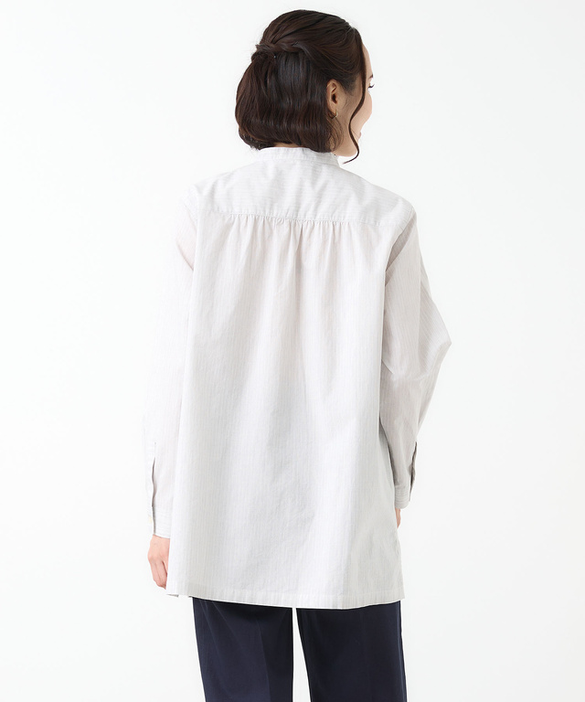 ストライプ切り替え バンドカラー チュニック【オンラインショップ・一部店舗限定】