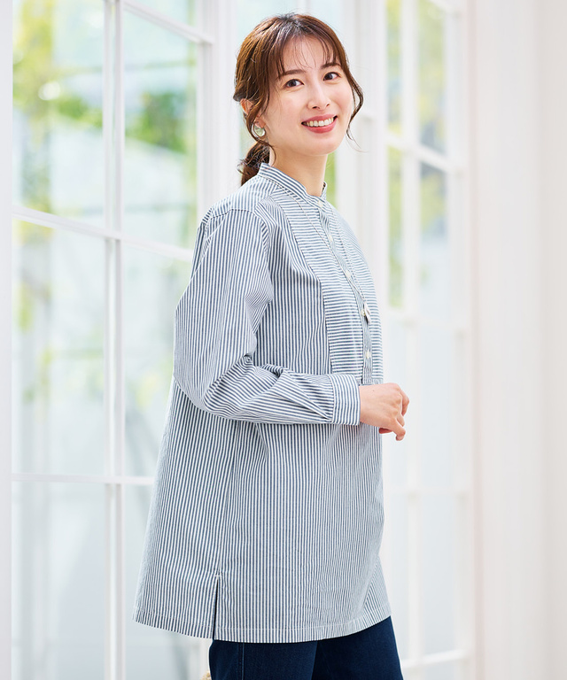 ストライプ切り替え バンドカラー チュニック【オンラインショップ・一部店舗限定】