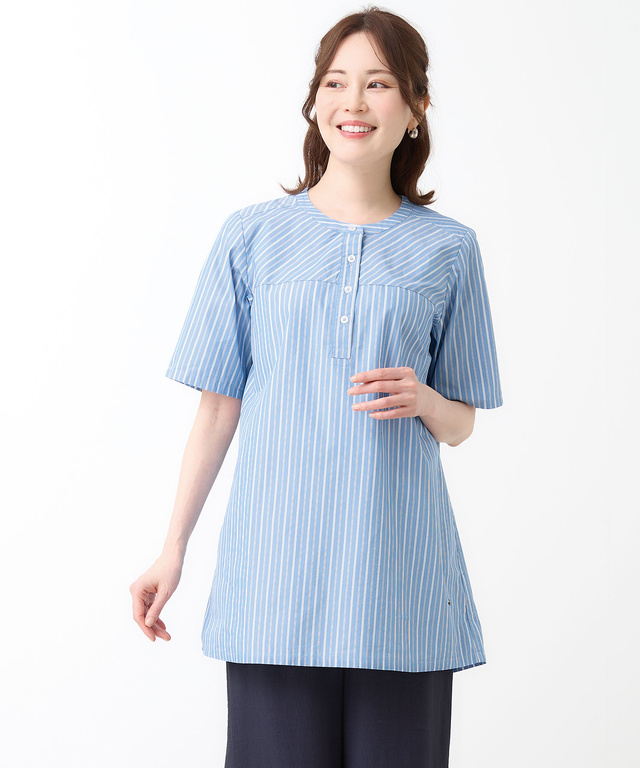 ストライプ バンドカラー チュニック【オンラインショップ・一部店舗限定】