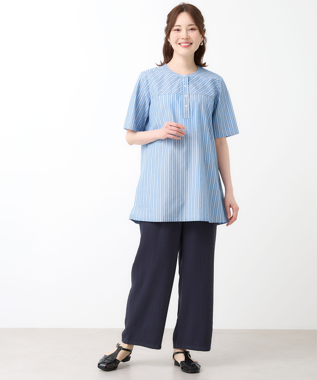 ストライプ バンドカラー チュニック【オンラインショップ・一部店舗限定】