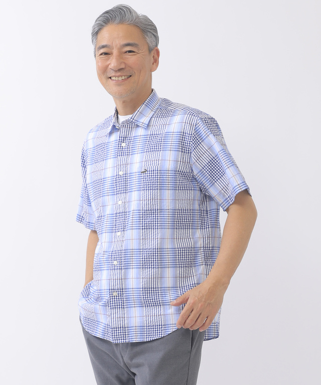 刺し子ステッチ チェック シャツ【吸汗速乾】