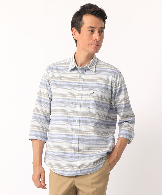 リーフ柄ボーダーリネン風7部袖シャツ【JAPAN FABRIC】