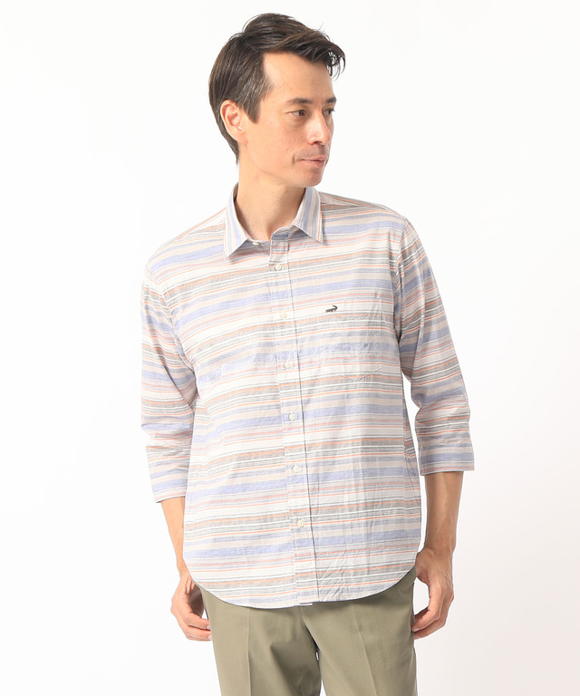 リーフ柄ボーダーリネン風7部袖シャツ【JAPAN FABRIC】