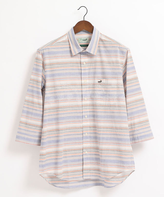リーフ柄ボーダーリネン風7部袖シャツ【JAPAN FABRIC】
