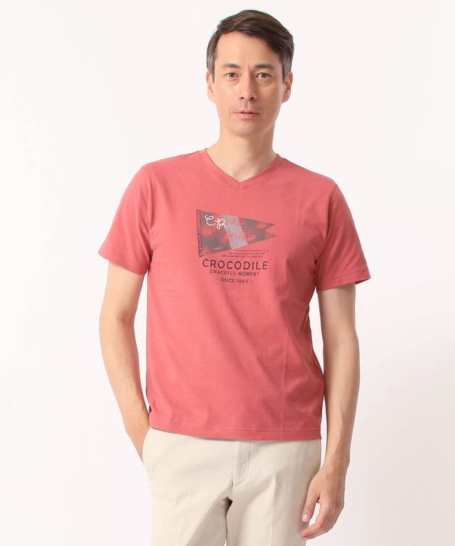 フラッグプリントVネックTシャツ