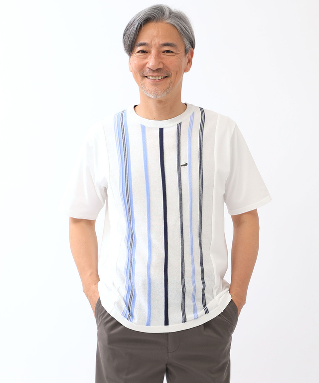 ドッキング ストライプ ニットTシャツ【手洗いOK】【吸汗速乾】
