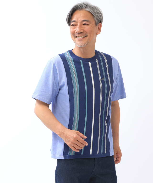 ドッキング ストライプ ニットTシャツ【手洗いOK】【吸汗速乾】