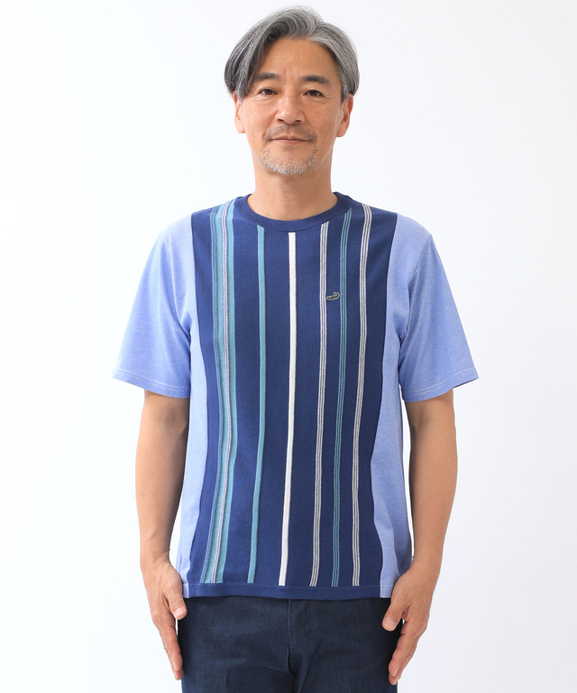 ドッキング ストライプ ニットTシャツ【手洗いOK】【吸汗速乾】