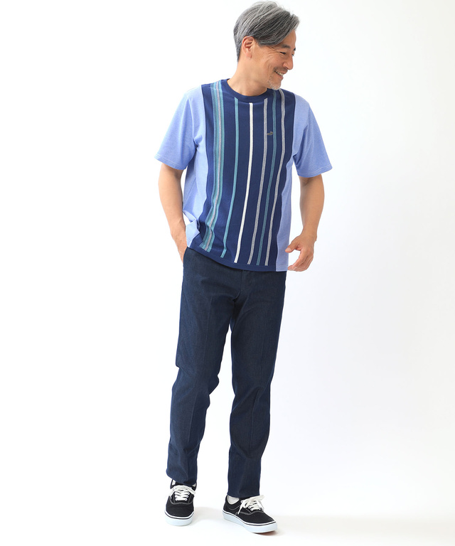 ドッキング ストライプ ニットTシャツ【手洗いOK】【吸汗速乾】