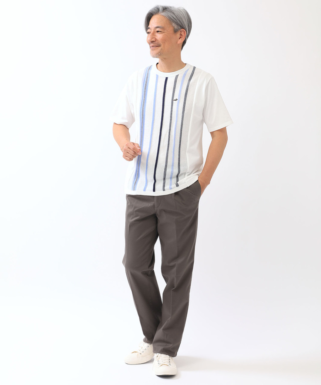 ドッキング ストライプ ニットTシャツ【手洗いOK】【吸汗速乾】