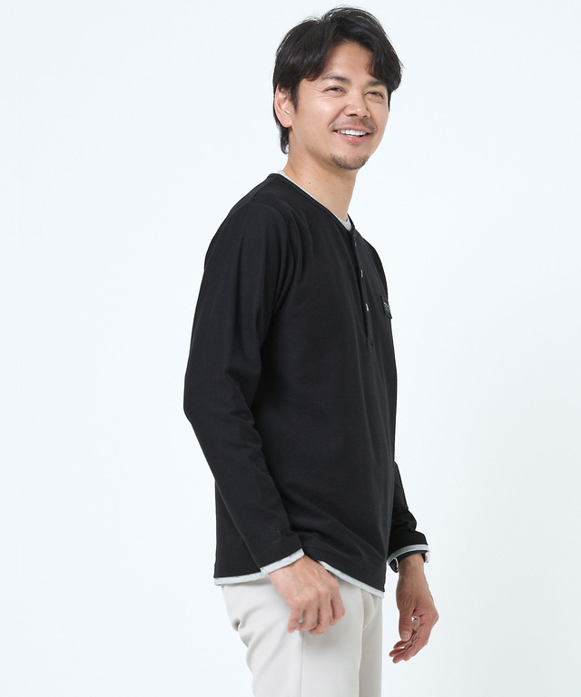 レイヤード風 ヘンリーネック Tシャツ