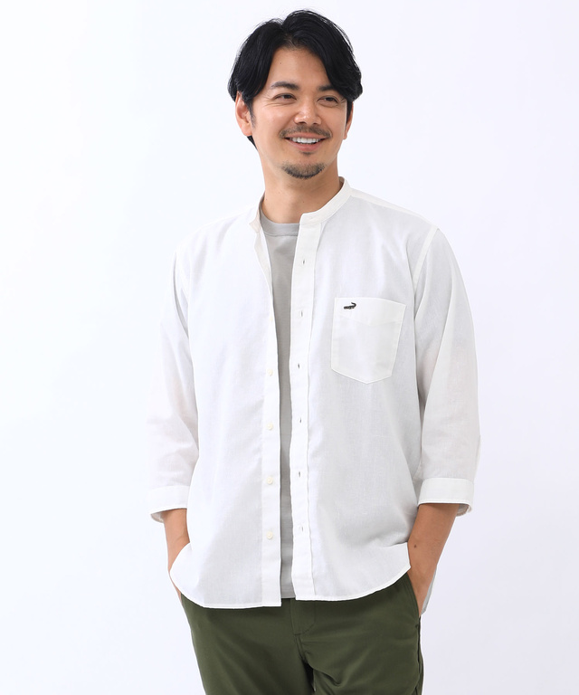 リネンブレンド バンドカラー シャツ