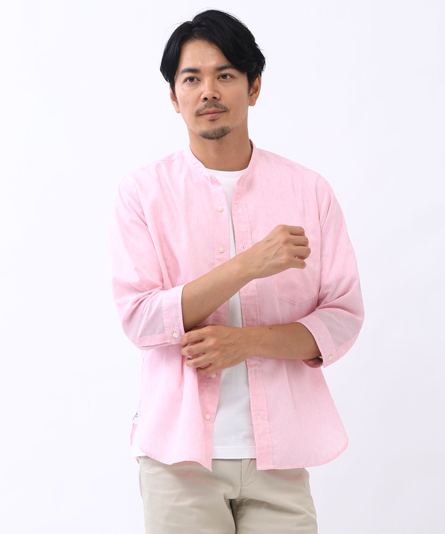 リネンブレンド バンドカラー シャツ