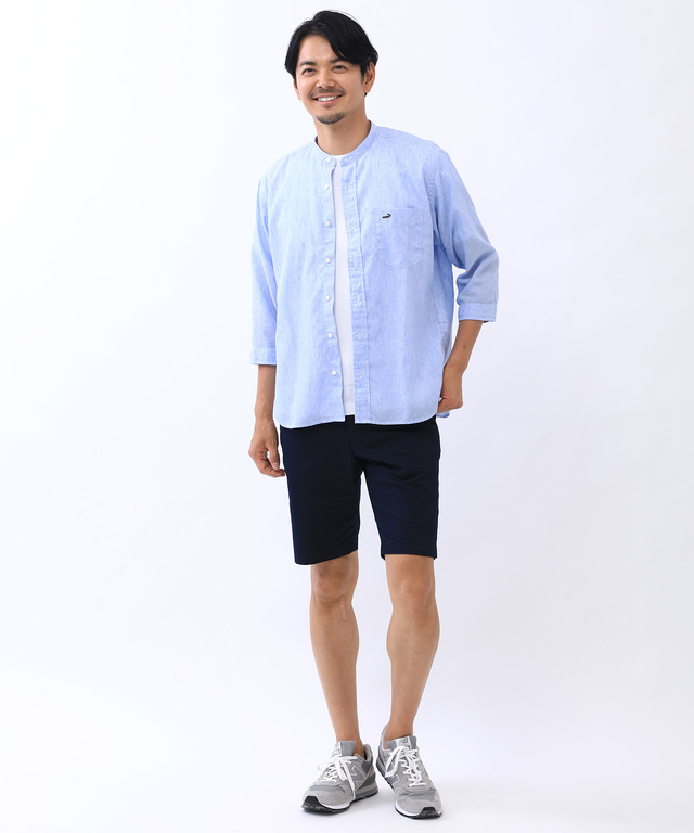 リネンブレンド バンドカラー シャツ