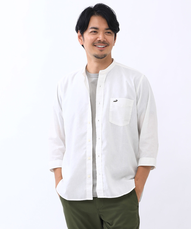 リネンブレンド バンドカラー シャツ