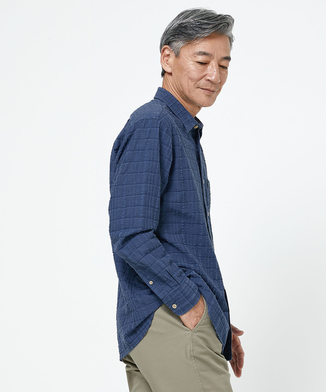スノーコットンリネン サッカー チェック柄 シャツ【接触冷感】
