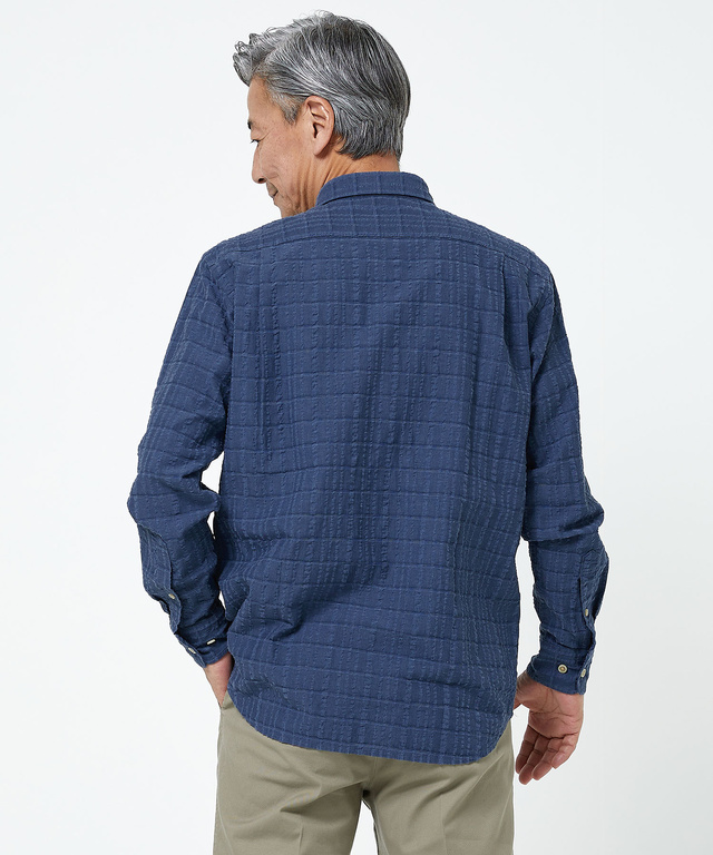 スノーコットンリネン サッカー チェック柄 シャツ【接触冷感】