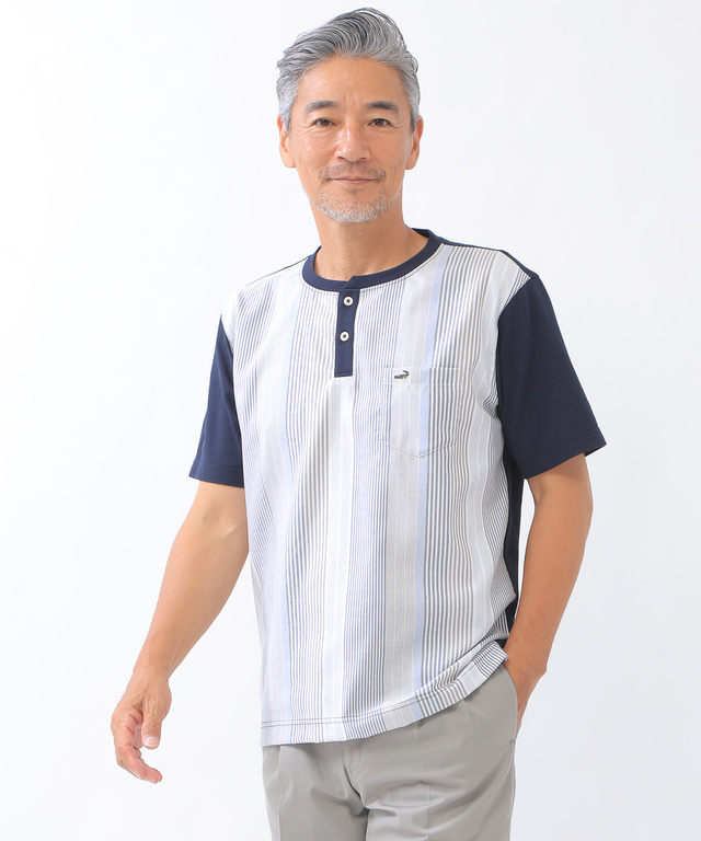 メンズ ストライプ布帛切り替えtシャツ通販 1602 クロコダイル Crocodile 公式通販サイト