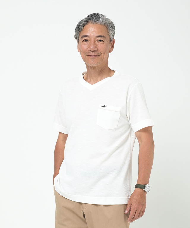 シャドーギンガムチェック柄 Vネック Tシャツ【吸汗速乾】