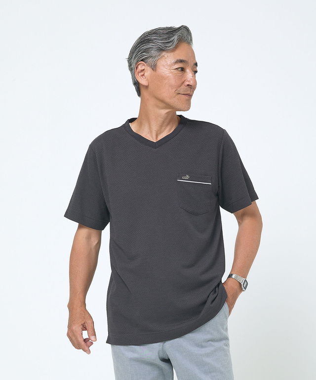 シャドーギンガムチェック柄 Vネック Tシャツ【吸汗速乾】