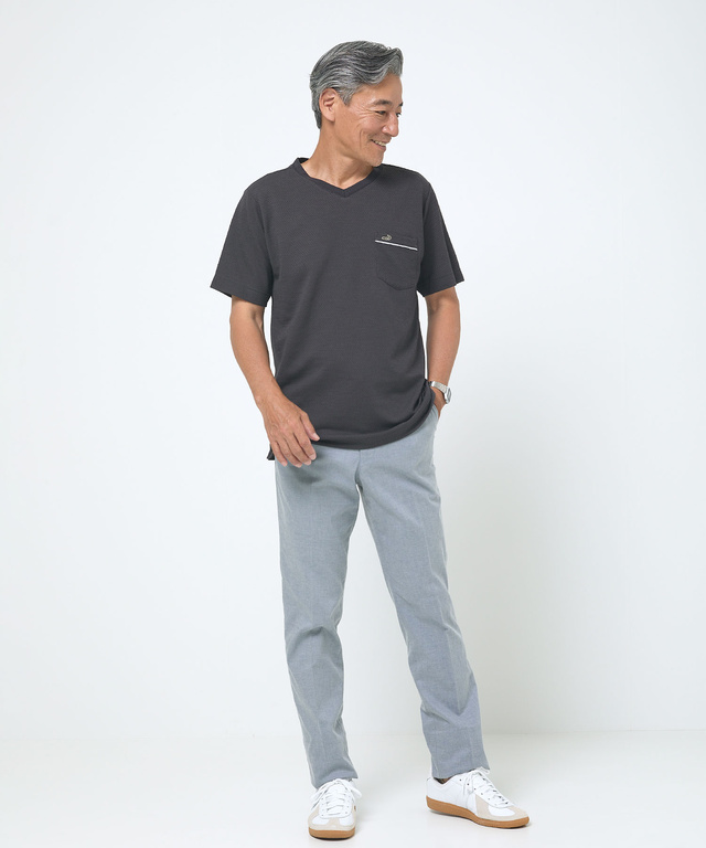 シャドーギンガムチェック柄 Vネック Tシャツ【吸汗速乾】