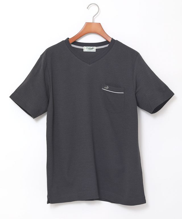 シャドーギンガムチェック柄 Vネック Tシャツ【吸汗速乾】