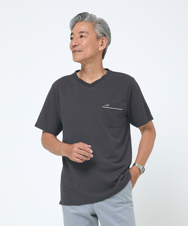 シャドーギンガムチェック柄 Vネック Tシャツ【吸汗速乾】