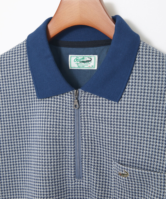 千鳥柄 ハーフジップ ポロシャツ