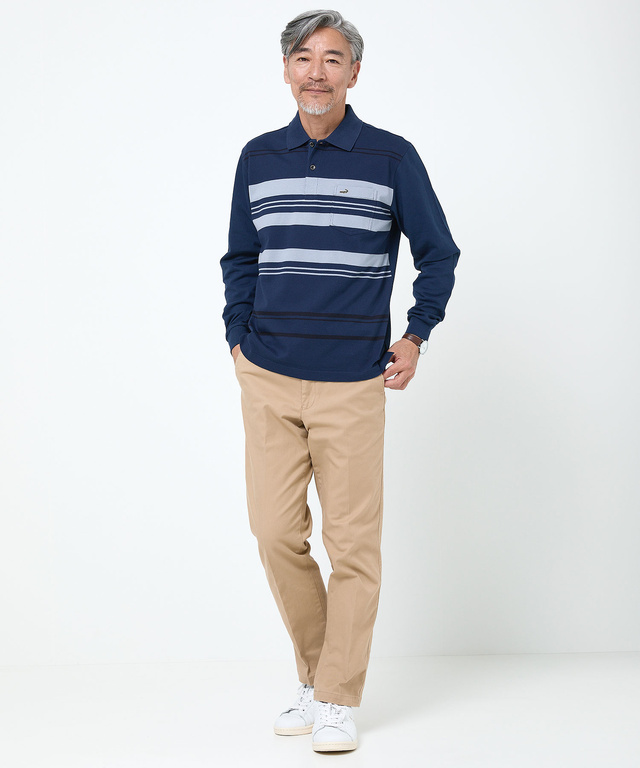 パネルボーダー 長袖ポロシャツ【日本製生地】