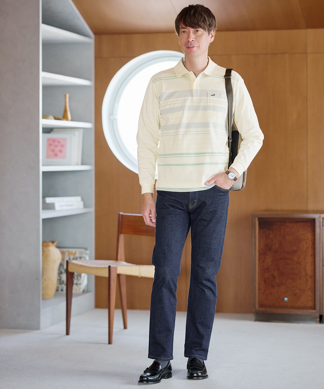 パネルボーダー 長袖ポロシャツ【日本製生地】