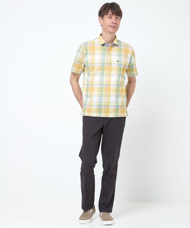 鹿の子 チェックプリント ポロシャツ【吸汗速乾】