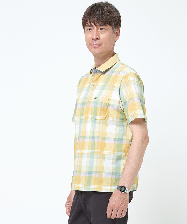 鹿の子 チェックプリント ポロシャツ【吸汗速乾】