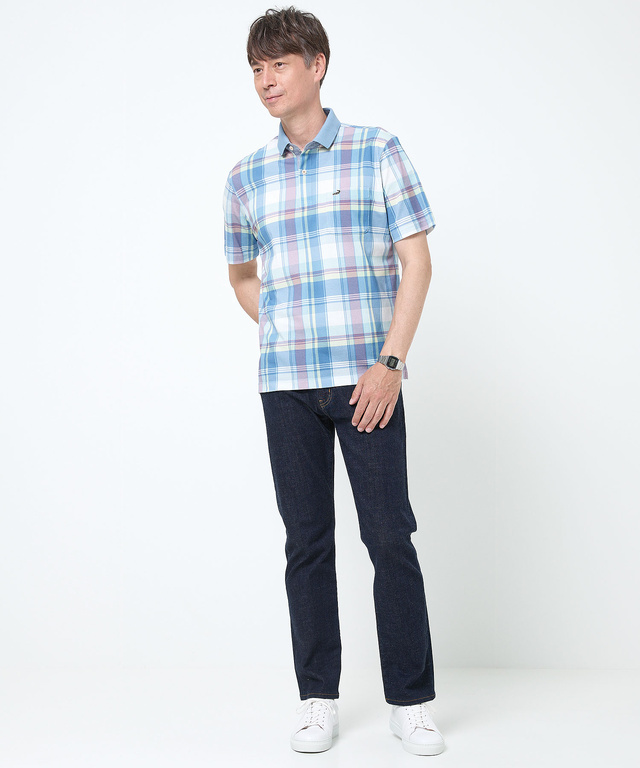 鹿の子 チェックプリント ポロシャツ【吸汗速乾】