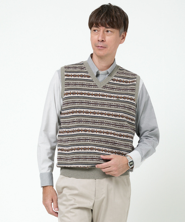 フェアアイル柄 Vネック ベスト【手洗いOK】