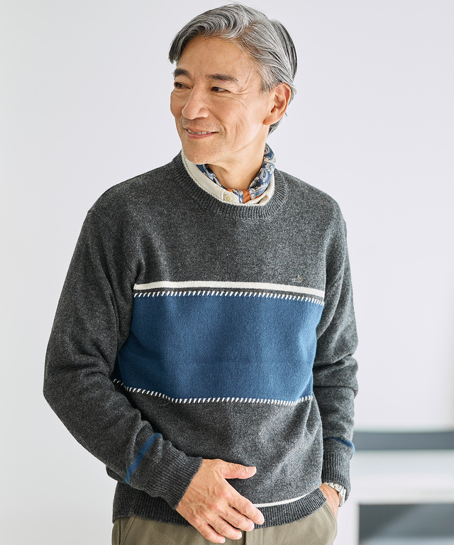 ウールブレンド ワイドボーダー ニット 【手洗いOK】