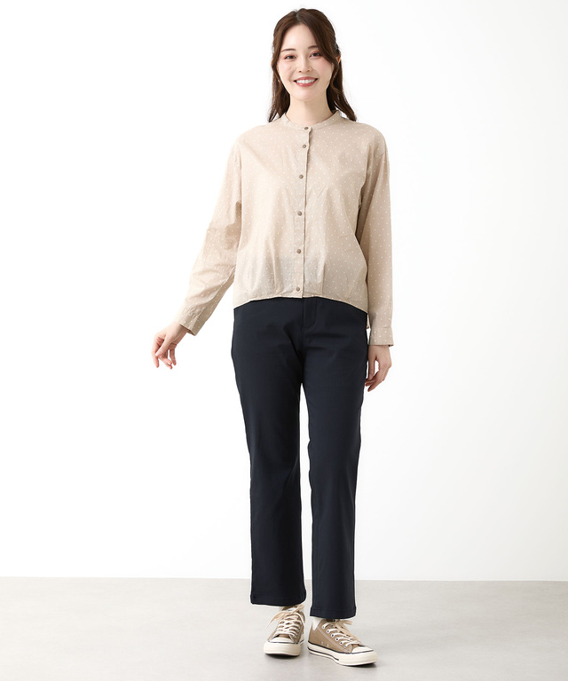 コットン バンドカラー ドット ブラウス