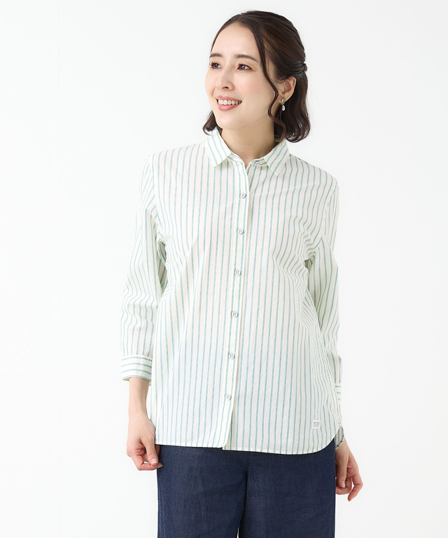 スノーコットン ストライプ 七分袖 シャツ【接触冷感】