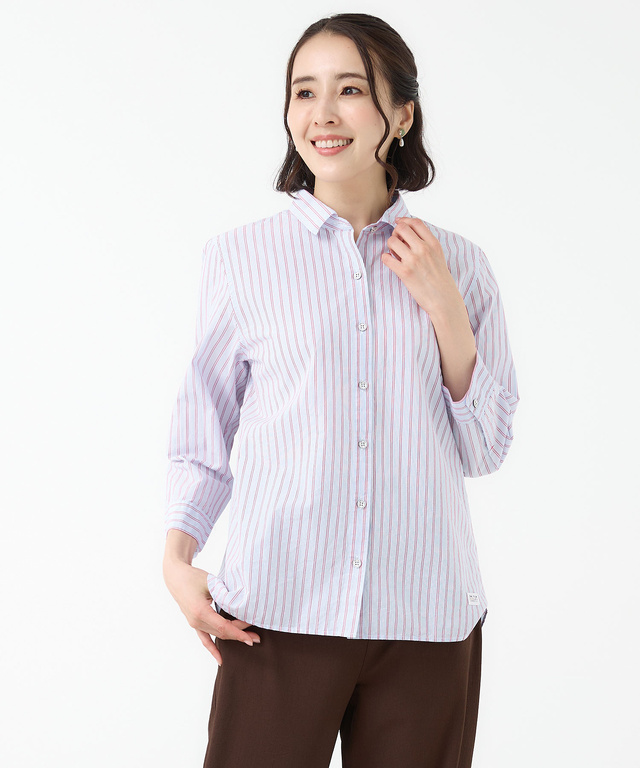 スノーコットン ストライプ 七分袖 シャツ【接触冷感】